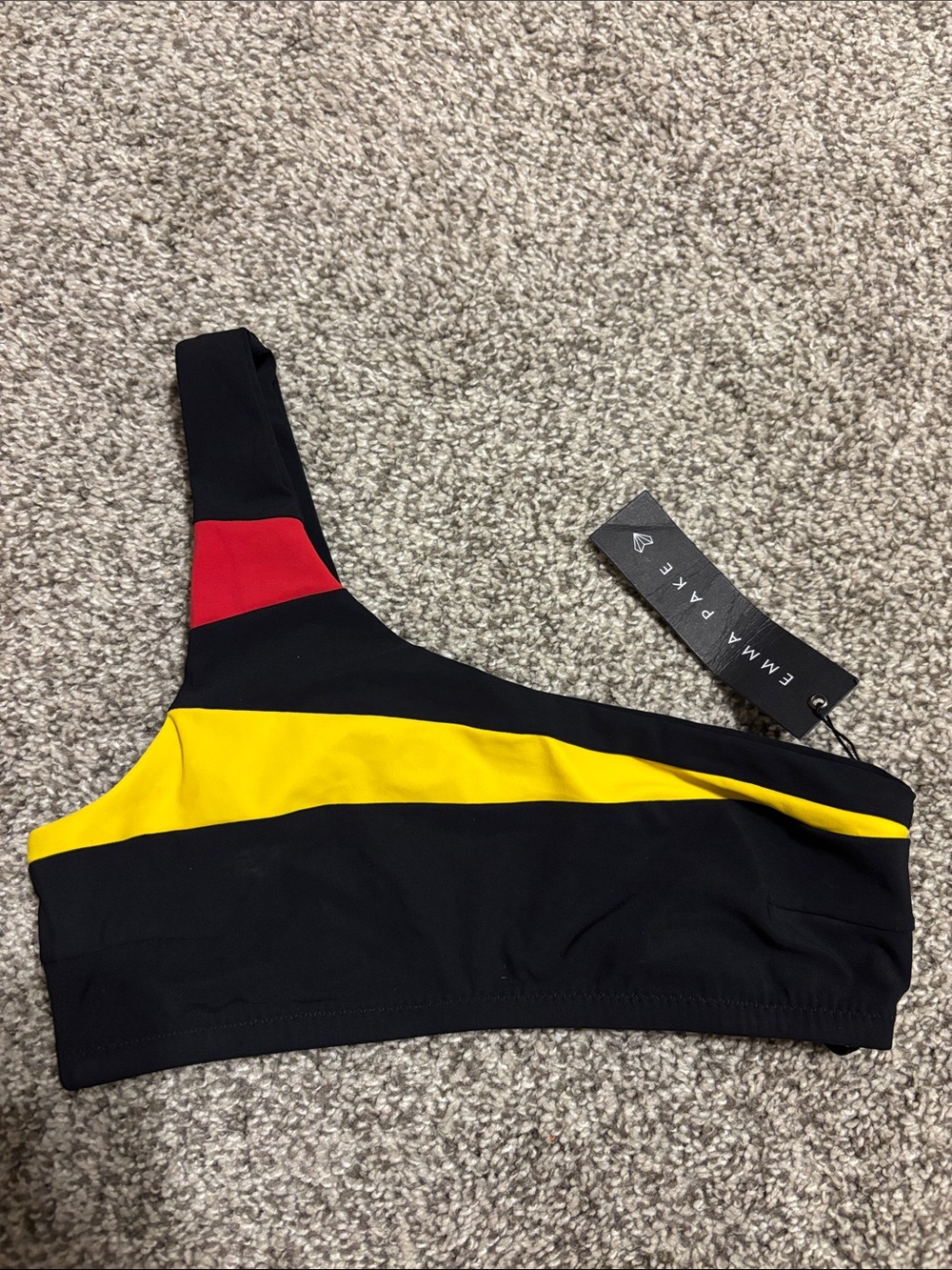 Emma Pake Asymmetrical Black Yellow Red Bikini Top